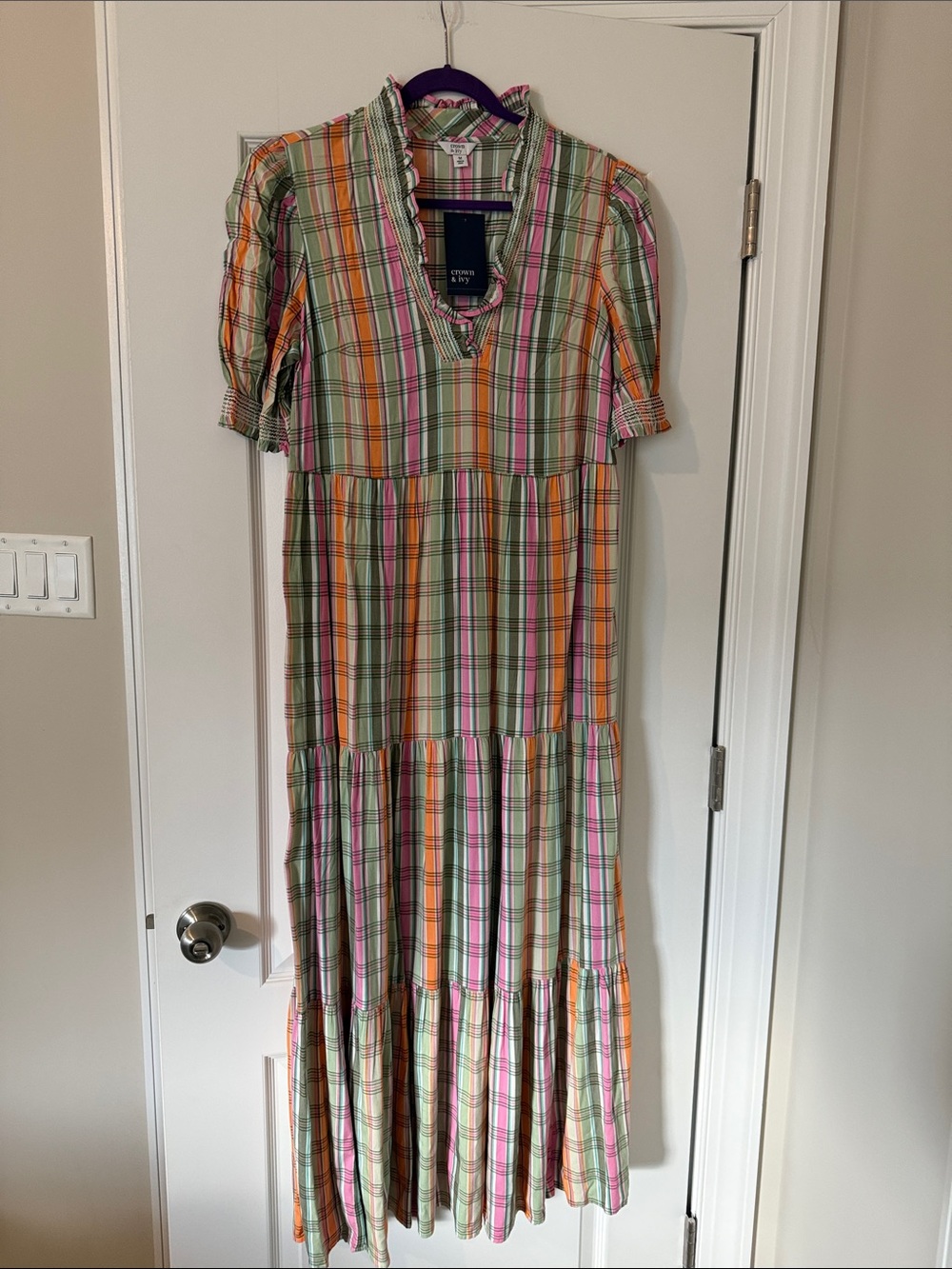 crown & ivy Plaid Tiered Maxi Dress in Green, Orange, Pink, Cream
